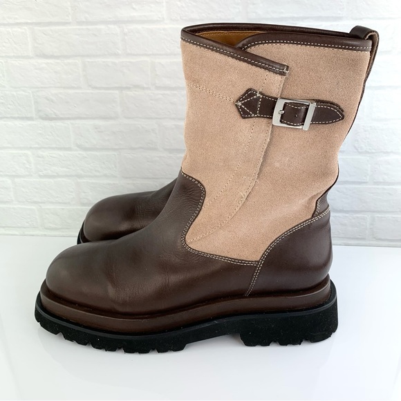 Free People Suede Leather Buckle Lug Double Up Moto Boots Chocolate Size 8 EU38 - Picture 9 of 15